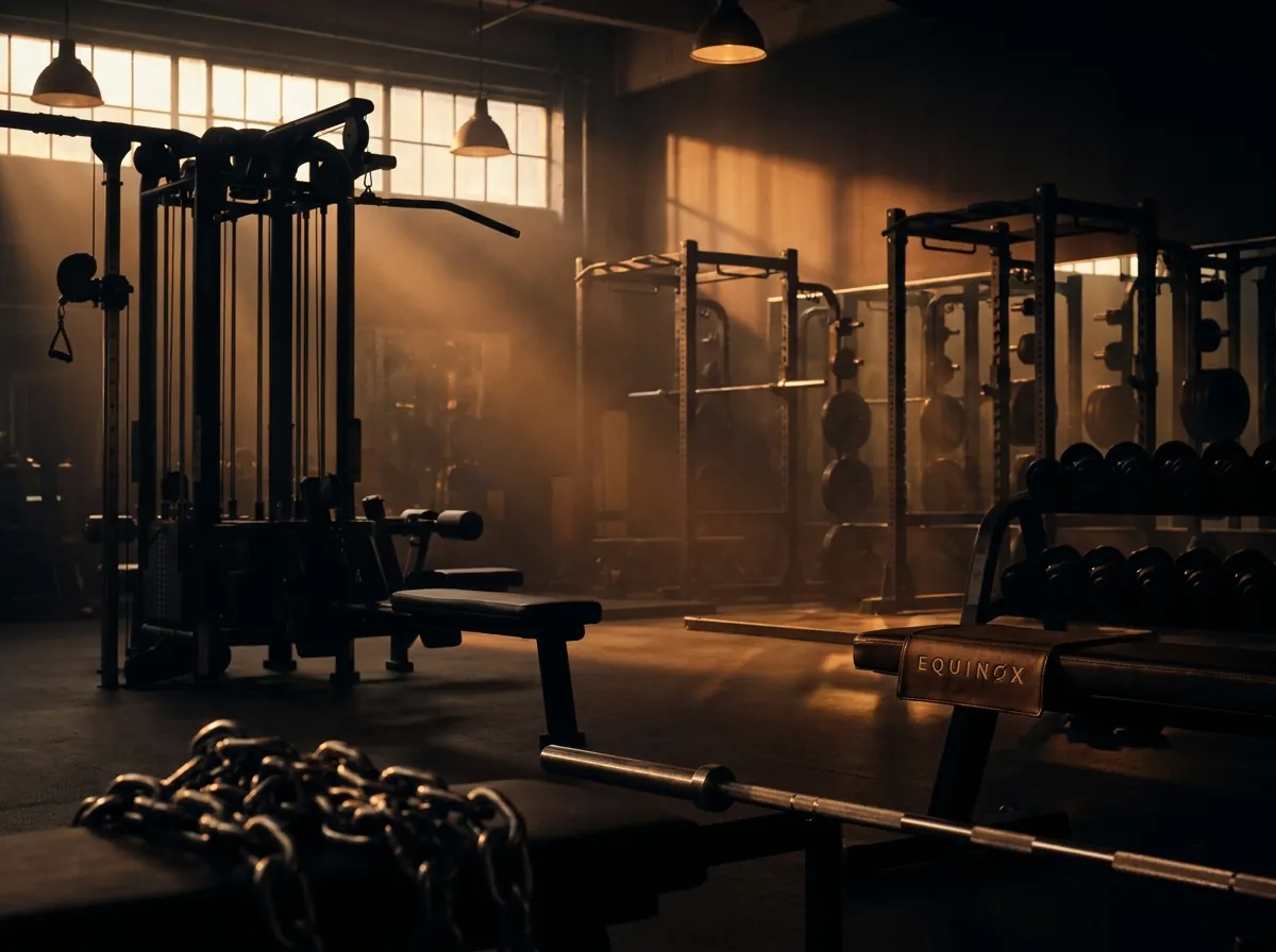 Cinematic strength gym lit with warm rim light