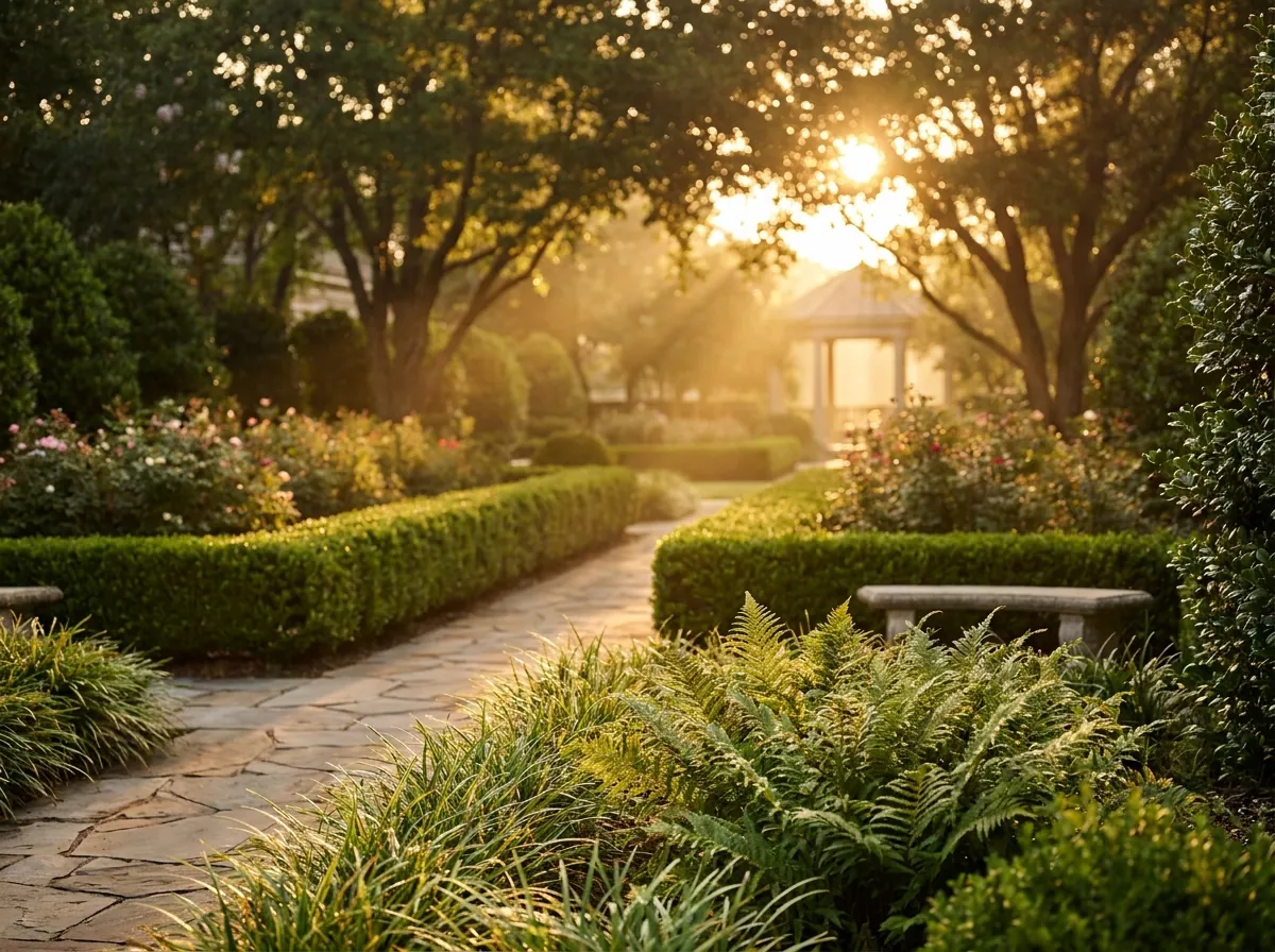 Golden-hour English garden with hedging and pavilion