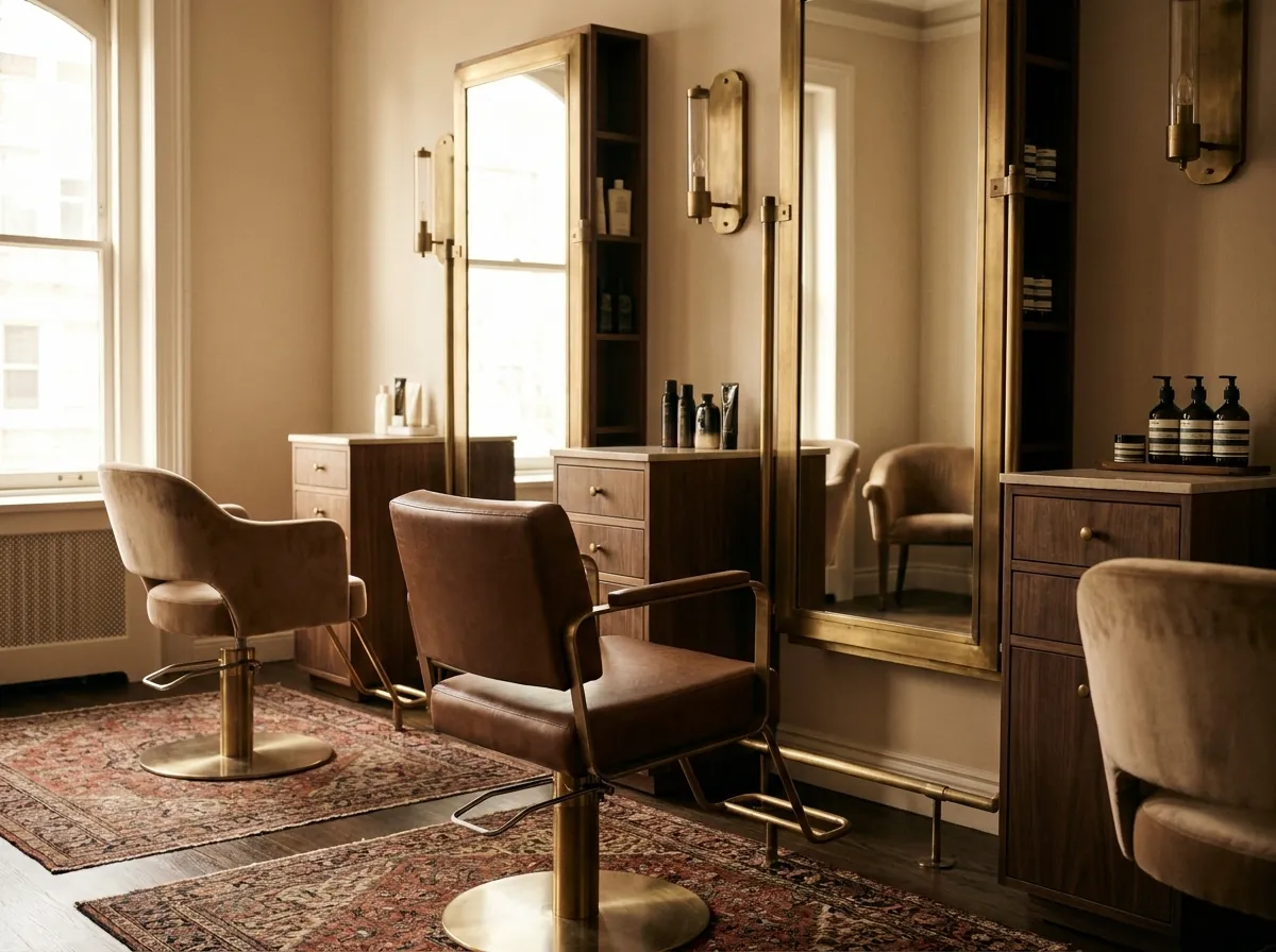 Editorial brass-and-walnut hair salon interior